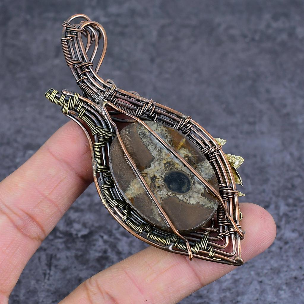 Mud Crack Fossil Handmade Copper Wire Wrap Jewelry Pendant 3.94" W0B61