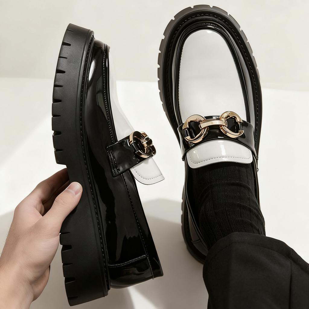 Classic Fashion Thick Sole Men'S Penny Loafers Slip-On Business Dress Shoes For Gentleman Metal Buckle Formal Party Glossy Shoes