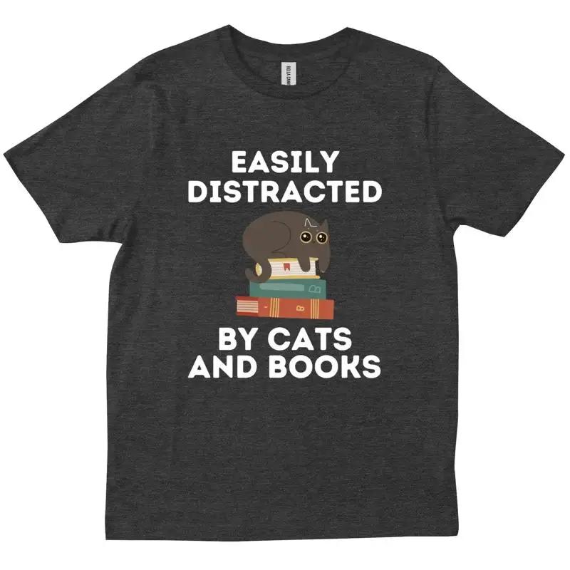 Funny Cat Easily Distracted By Cats And Books Pet Lovers Trendy New T Shirt