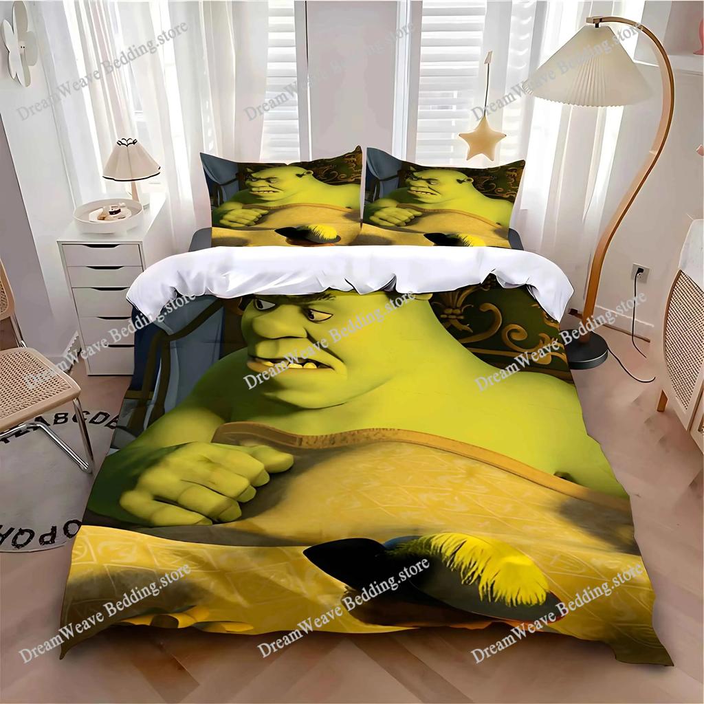 Boys and Girls Cartoon S-Shrek Duvet Cover and Pillowcase, Teen and Adult Bedding Set, Kingqueen Size, Bedroom Decoration, Gift