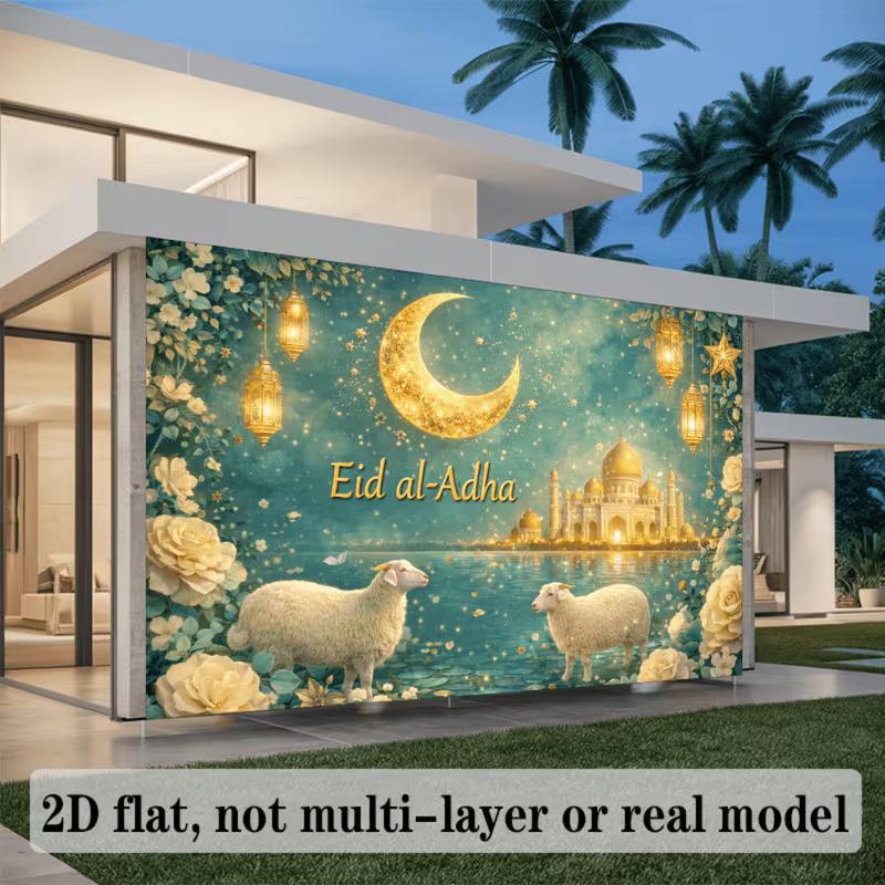 2D Islamic Eid Festival Backdrop, Teal Floral Golden Moon & White Sheep Party Banner