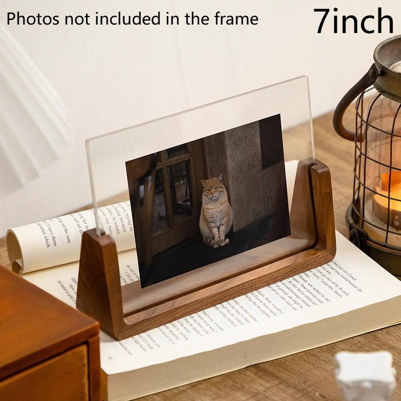 Modern U Shaped Acrylic Photo Frame Walnut/Beech Base Transparent Desktop Decor for Home Office Photo Display Gift