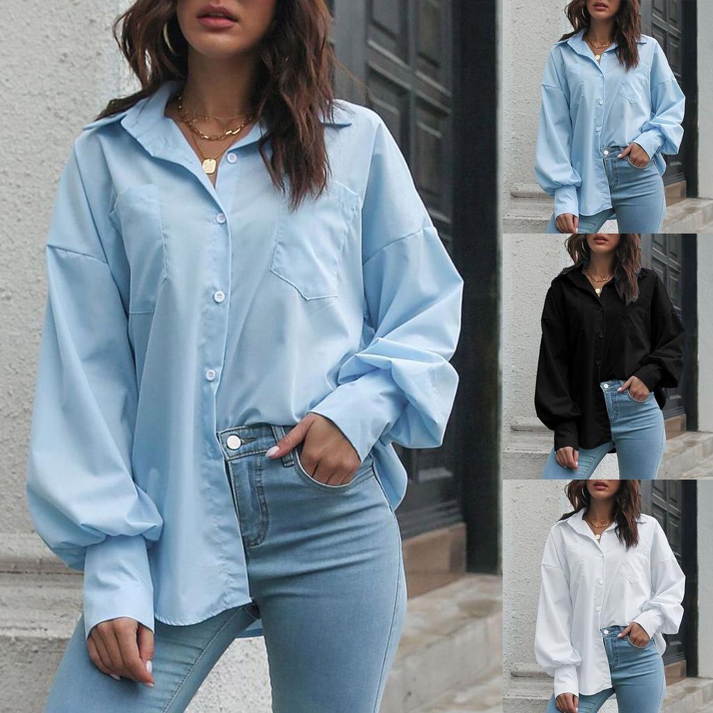 Женская свободная однотонная рубашка с длинным рукавом и лацканами, спущенным плечом, футболка