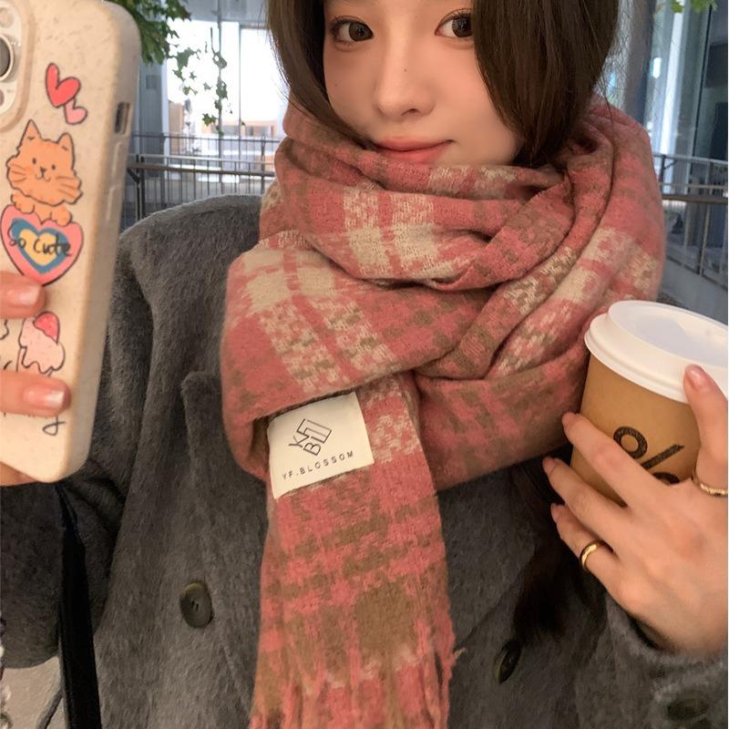 Dried Rose Pink Plaid Scarf Women's Winter Senior Feeling Warm New Sweet Versatile Fringed Shawl Scarf