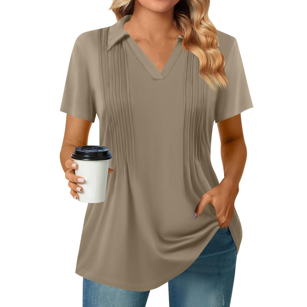Женские футболки с коротким рукавом, плиссированные, с V-образным вырезом, однотонные, с воротником, летние топы, модные, деловые, повседневные, для работы