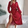 Women's Long Sleeve Dress V-Neck Polka Dot Dress with Tie Waist Long Pleated Dress for Office Parties Date