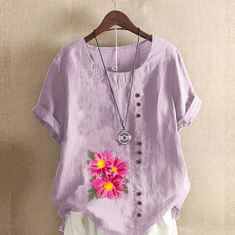 Женская модная футболка с цветочным принтом и круглым вырезом, с коротким рукавом, повседневная хлопково-льняная рубашка с рисунком, свободная летняя блузка для отдыха, топы