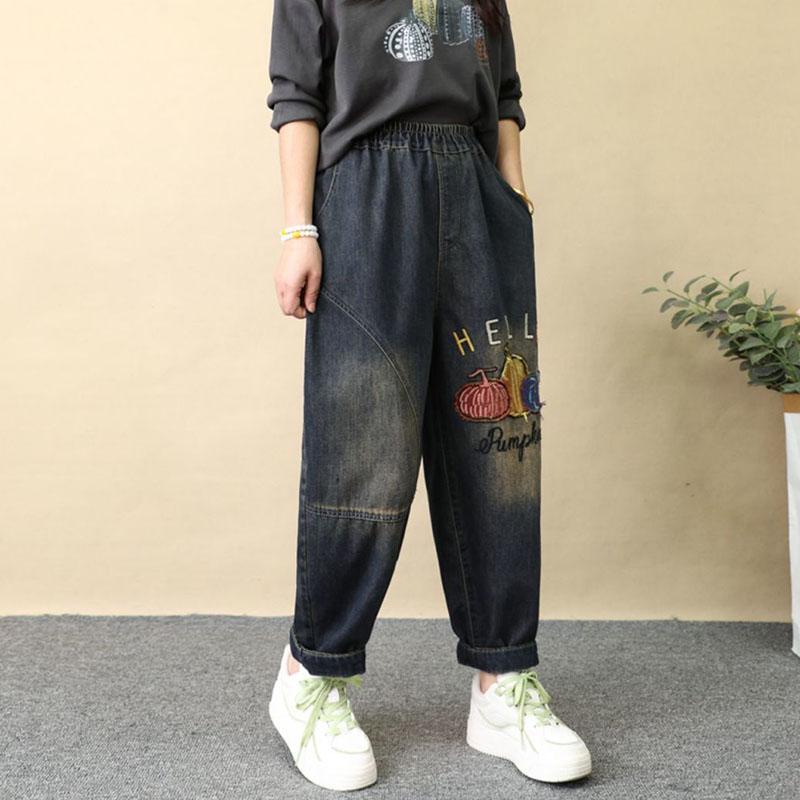Повседневные свободные шаровары женские весна-лето винтажный стиль вышитые джинсы брюки женские с высокой талией свободные карманные джинсовые брюки