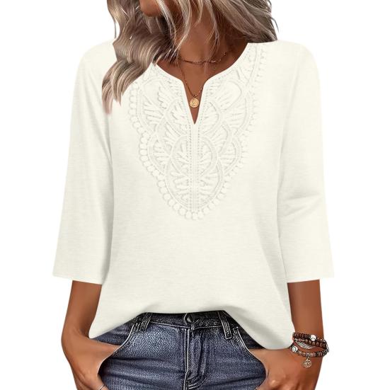 Женские топы с рукавом три четверти, V-образным вырезом, с узором из ажурной вышивки, свободного кроя, повседневная блузка, для повседневной носки
