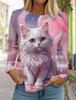 2024 Autumn and Winter Women's Long Sleeve 3D Printed Kitten Cute Print T-Shirt Women's Streetwear Round Neck Long Sleeve