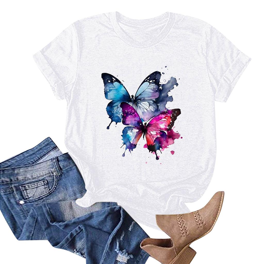 Женская мода, повседневный пуловер с круглым вырезом и принтом, футболка с короткими рукавами, топ