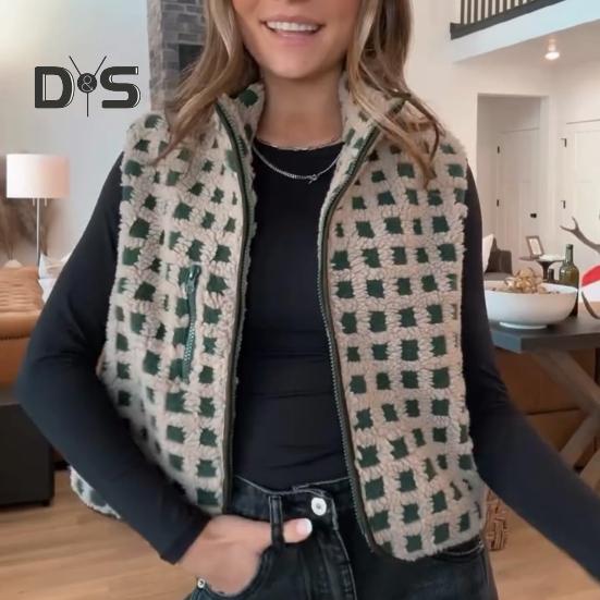 Women Vest Jacket Stand-up Collar Contrast Color Sleeveless Checked Pattern Cardigan Waistcoat Zipper Closure Daily Outdoor Outerwear