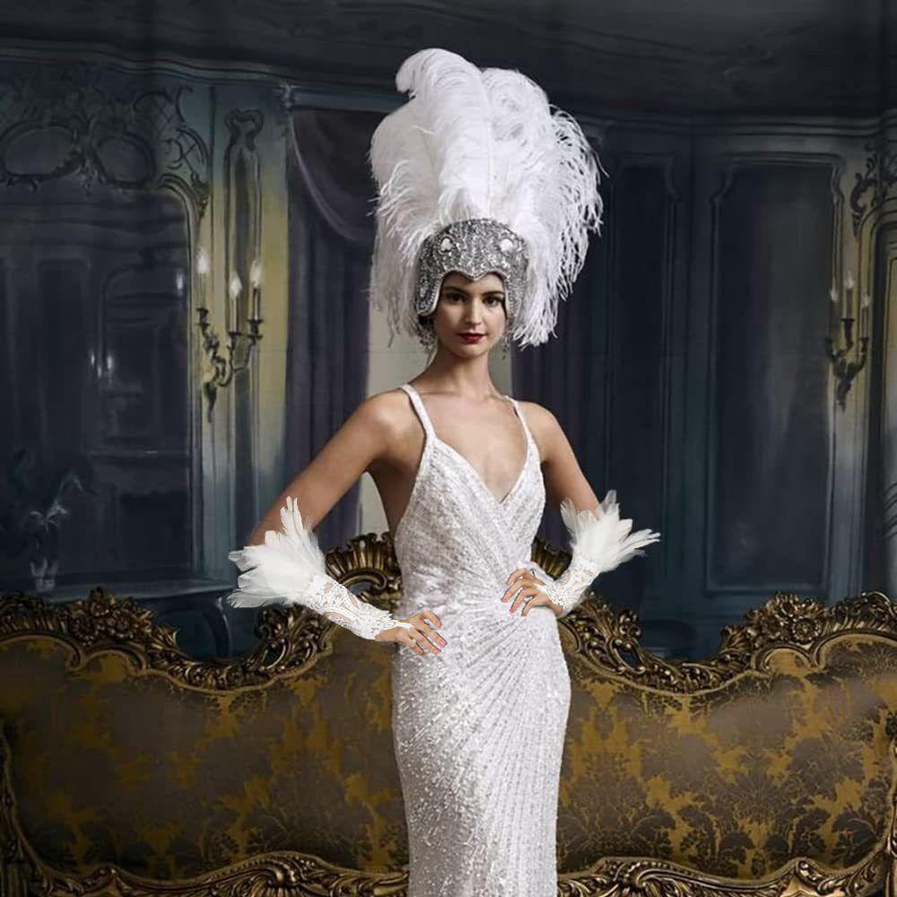 1PC Embroidery Feather Long Gloves White Black Female Mittens Wedding Gloves Party Wear