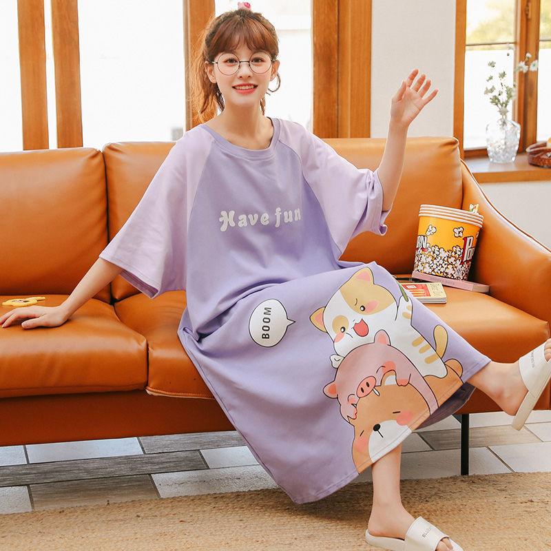 Женские ночные рубашки больших размеров 3XL 4XL с коротким рукавом, женские летние милые мультяшные принты, цветные блоки, ночные рубашки для девочек, ночная рубашка, домашняя одежда