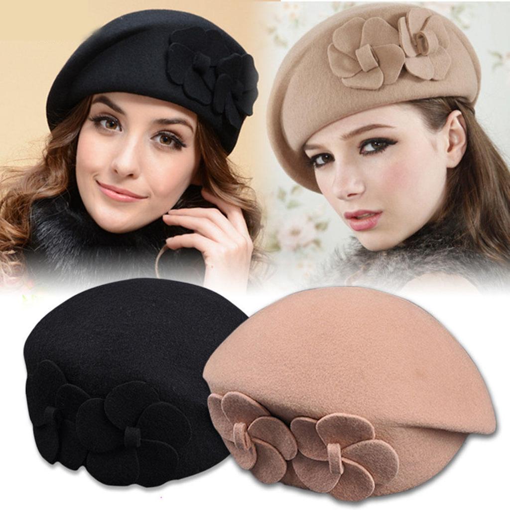 Elegant British Style Double Flower Woolen Beret Hat Ladies Winter Wool Felt Hat Airline Stewardess Cap