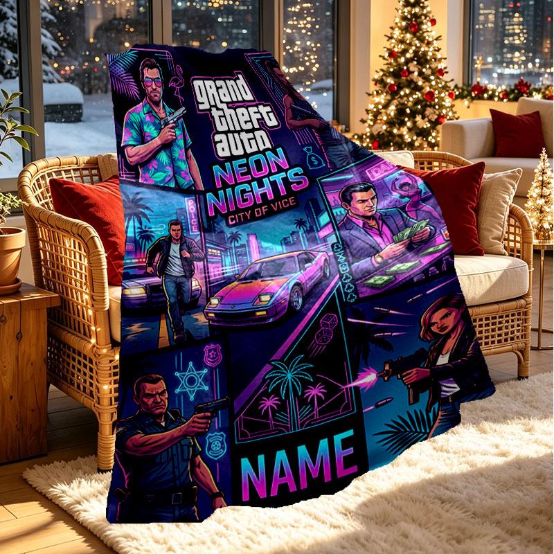 Custom Name Personalized Grand Theft Auto Print Blanket, Home Decor, Bedroom, Sofa, Camping, Couch, Gifts for Birthday Christmas