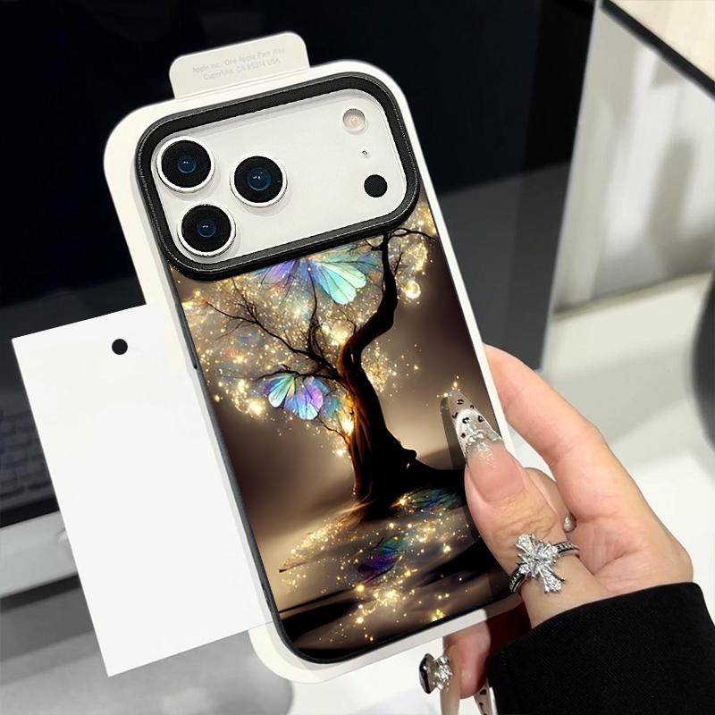 Для iPhone 17 Pro Max Чехол Роскошный Сияющий Фантастическое Дерево Узор Бабочки Кожаная Текстура Силиконовая Крышка Для iPhone 16 Pro Max 15 14 13 12 11 16E Air