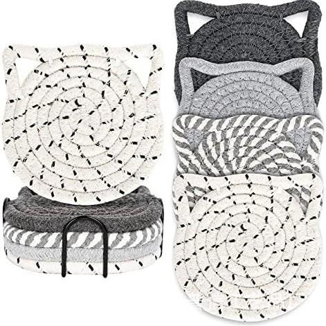 Cat Ear Coasters Set Brown White Handmade Braided Cotton Coasters Non-Slip Absorbent Drink Coaster No Holder
