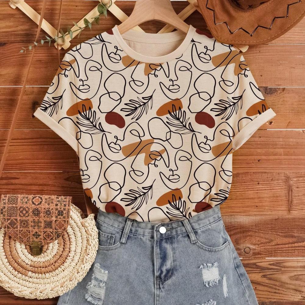 Elegant Retro Art Floral 3D Print Short Sleeved Womens T Shirt Summer New Fashion Trend Daily Comfortable Women's Clothing