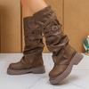 Мода Осень Зима 2025 Модные Плиссированные Рыцарские Сапоги Декор Пряжками ПУ Кожа До Середины Икры Женские Ботфорты Массивная Платформа Вестерн Сапоги