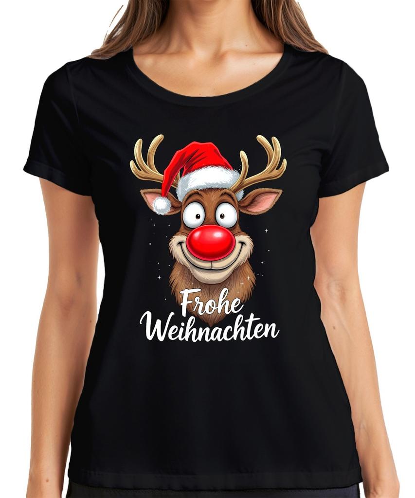 Merry Christmas Funny Reindeer Rudolf Santa Hat Cartoon Ladies TShirt