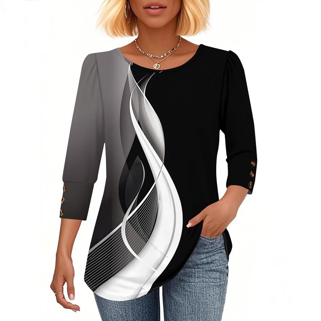 Женская модная повседневная футболка с цветными блоками, сшивная, с принтом, с круглым вырезом, с рукавами семь восьмых