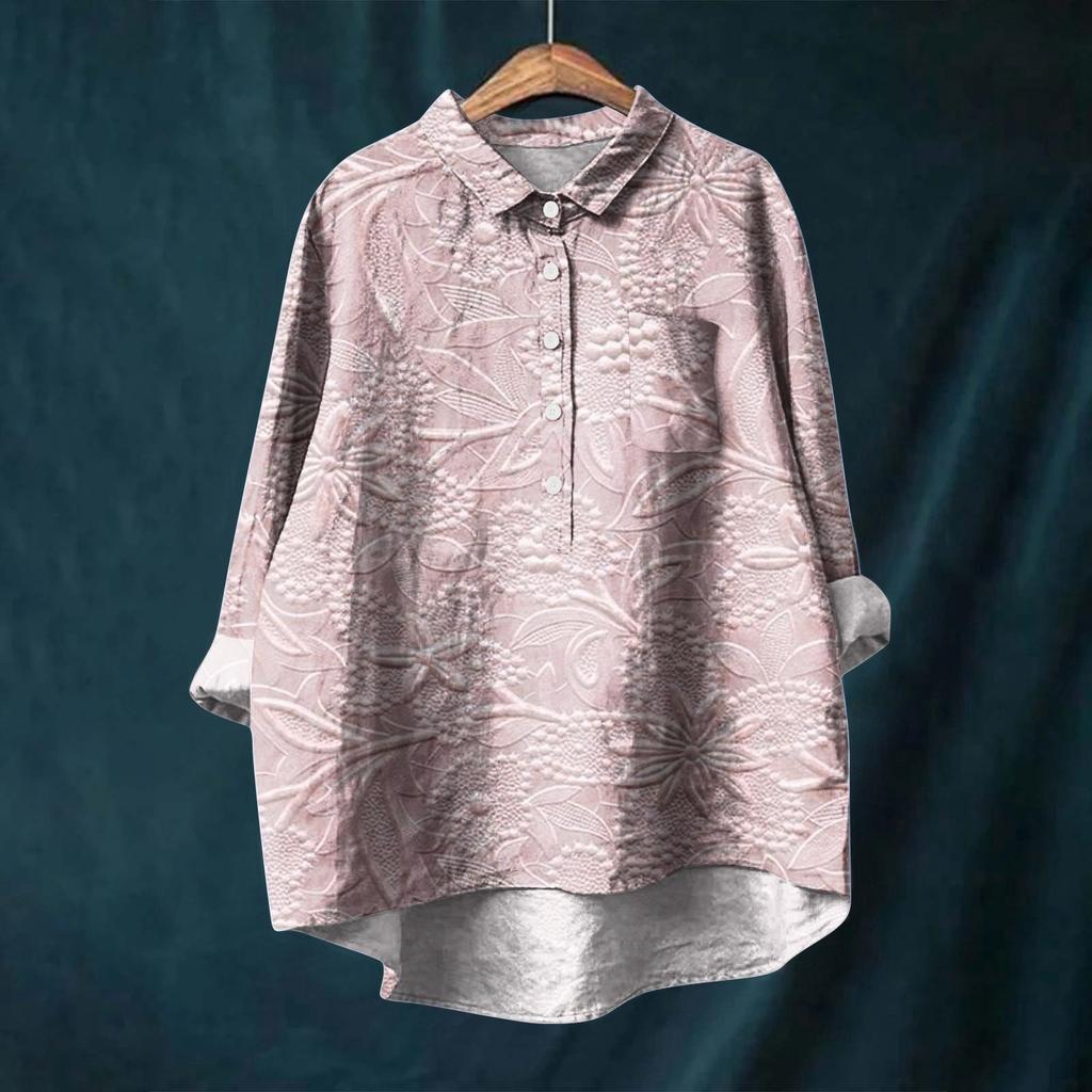 Women's Long Sleeve Shirt Button Vintage Floral Print Casual Hem Irregular Shirt Collar Top