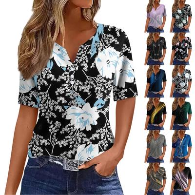 Женская модная повседневная футболка с градиентным цветочным принтом и v-образным вырезом, топ на пуговицах с короткими рукавами