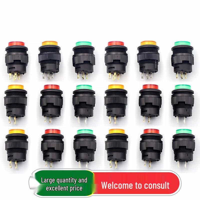 R16-503 16MM Round Red/Green Button Switch with Light and Momentary Reset, Self-Locking, 4-pin/2-pin