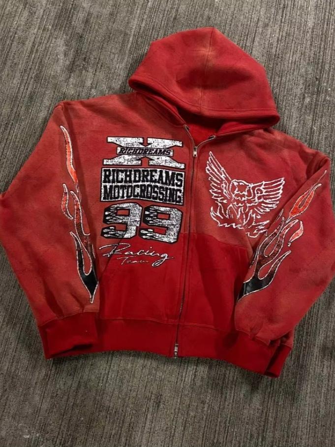 Европейская и американская мода повседневная свободная толстовка с капюшоном для мужчин Y2k ретро аниме принт куртка готическая толстовка на молнии в стиле Харадзюку