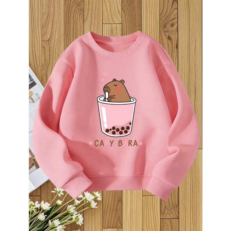 European sizes Capybara Milk Tea Cup Cartoon Print Kids' Round Neck Sweatshirt Soft Cute Style Perfect Gift for Kids