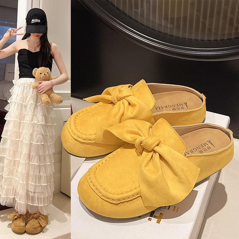 Retro Women's Slippers Bow Flat Sole Round Toe Cow Suede Women's Mules Dress Leisure Comfortable Inner Roman Zapatillas De Mujer