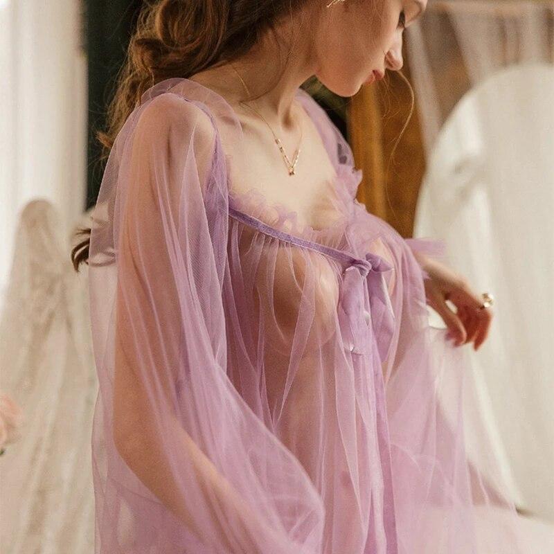 French Vintage Princess Sleepwear Women See Through Long Pajama Nightdress Fairy Ruffles Lace  Off The Shoulder Nightgowns