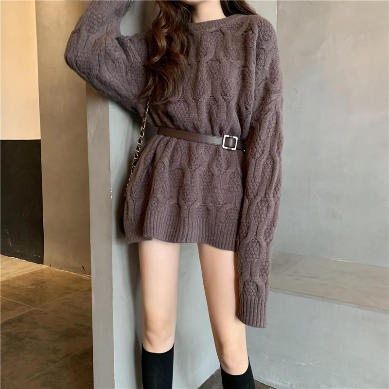 Пуловер-свитер, осенне-зимний новый свободный верхний наряд, свободный свитер средней длины с круглым вырезом, женский вязаный свитер, пальто