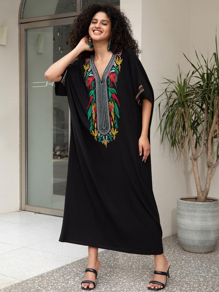Black Maxi Dresses Women Summer Embroidery Viscose Holiday Cover Ups for Swimwear Beachwear Bathing Suits