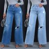 Women Street Ripped Hole Denim Jeans Ladies High Waist Wide Leg Straight Pants Full Length Long Trousers