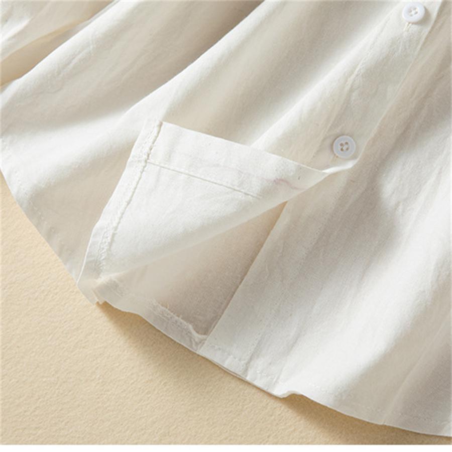 Хлопково-льняная блузка с вышивкой, однотонная весенне-осенняя рубашка на пуговицах, повседневный свободный топ с длинными рукавами с лацканами для женщин