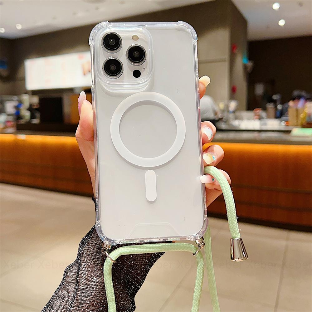 Ремешок через плечо для Magsafe, магнитный чехол с беспроводной зарядкой для iPhone 11 12 13 14 15 Pro Max X XR XS 7 8 Plus SE, прозрачный чехол