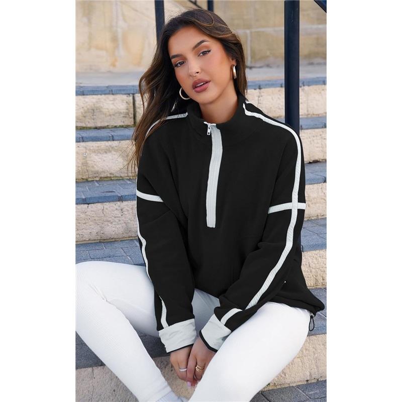 Women's Color Block Striped Half Zip Polo Sweatshirt Loose Long Sleeve Casual Pullover Top