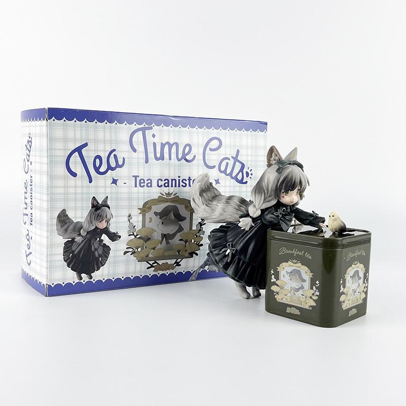 12cm Tea Party Cat Anime Figure Q Version Kawaii Tea Time Cats Tea Pot Cat Action Figure Collection Model Ornaments Toys Gifts