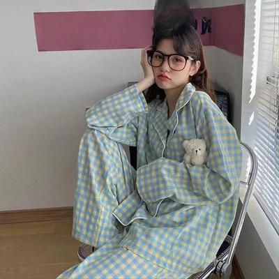Женский весенний пижамный комплект из 2 предметов, женский милый домашний костюм с мультяшным принтом, осенний удобный клетчатый принт, длинные рукава, топы и брюки, домашняя одежда