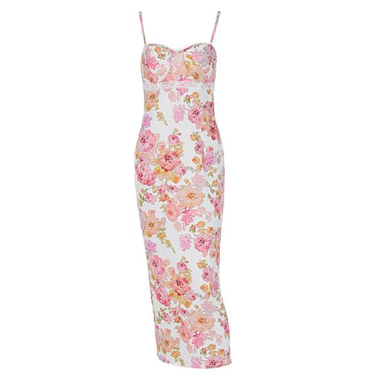 Women Sexy Sling Dress Suspender Style Sleeveless Long Dress Flower Print Backless Hip Wrapped Party Dress