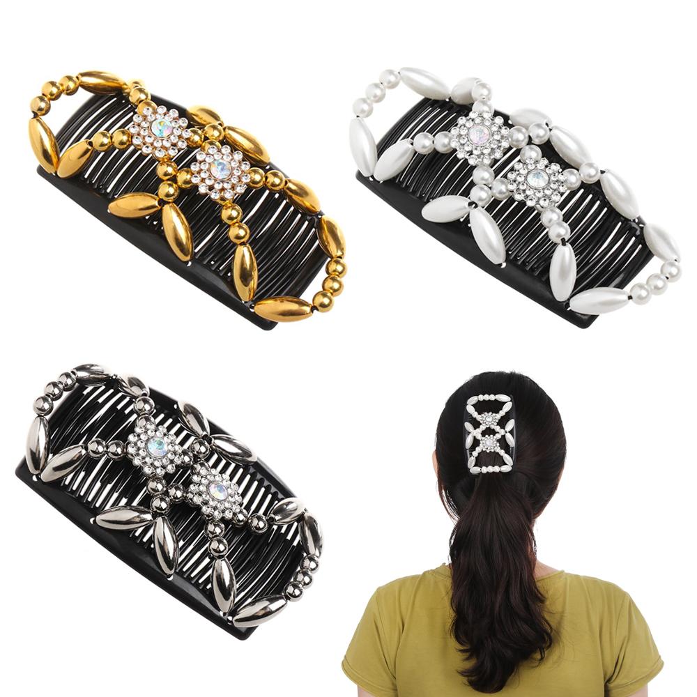 Bun Maker Flower Crystal Stretch Double Comb Magic Hair Comb Elastic Hairpin Beaded Hair Clip