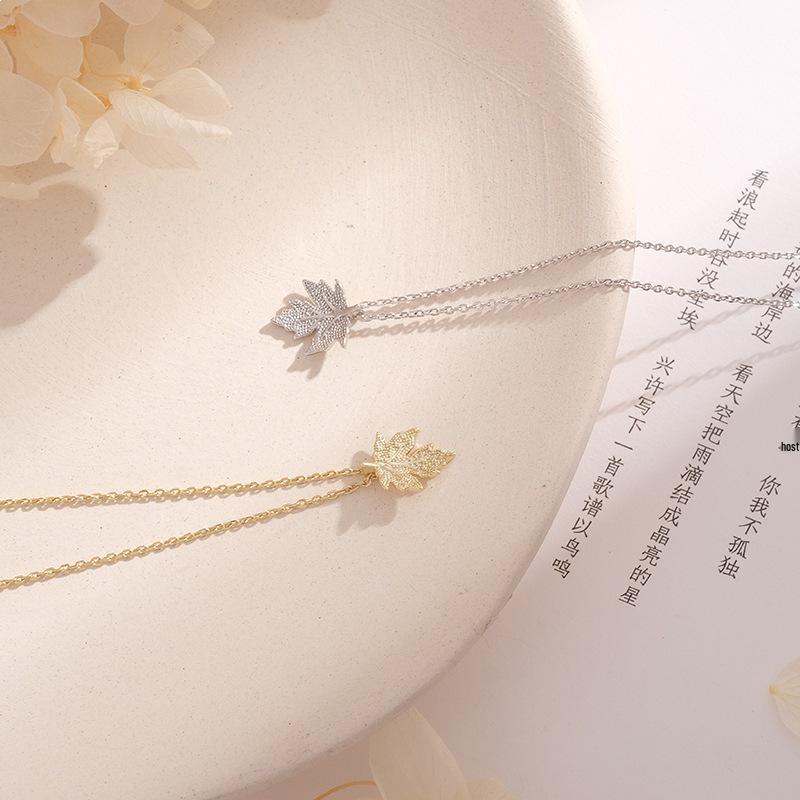 Sterling Silver Maple Leaf Necklace - Korean Style Minimalist Collarbone Chain Pendant for Women