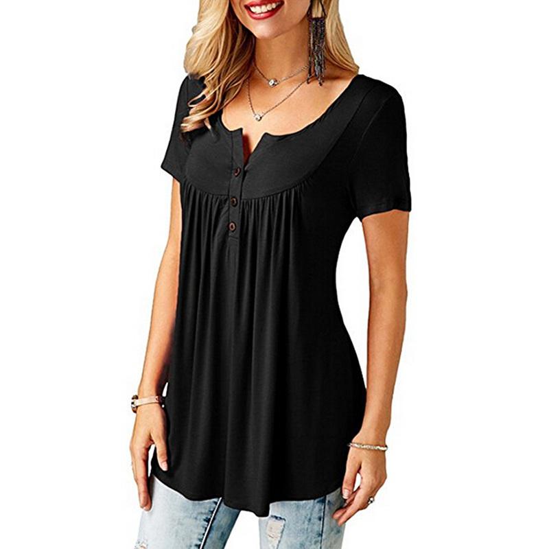 Женские топы с круглым вырезом, пуговицами, свободные, эластичные, женские туники с коротким рукавом, женские повседневные блузки