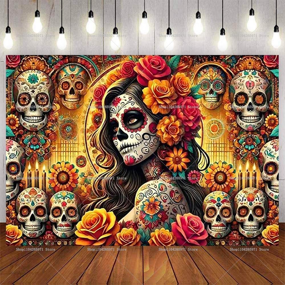 Mexican Fiesta Día De Los Muertos Backdrop Day Of The Dead Theme Birthday Party Wall Decor Photo Booth Photography Supplies9