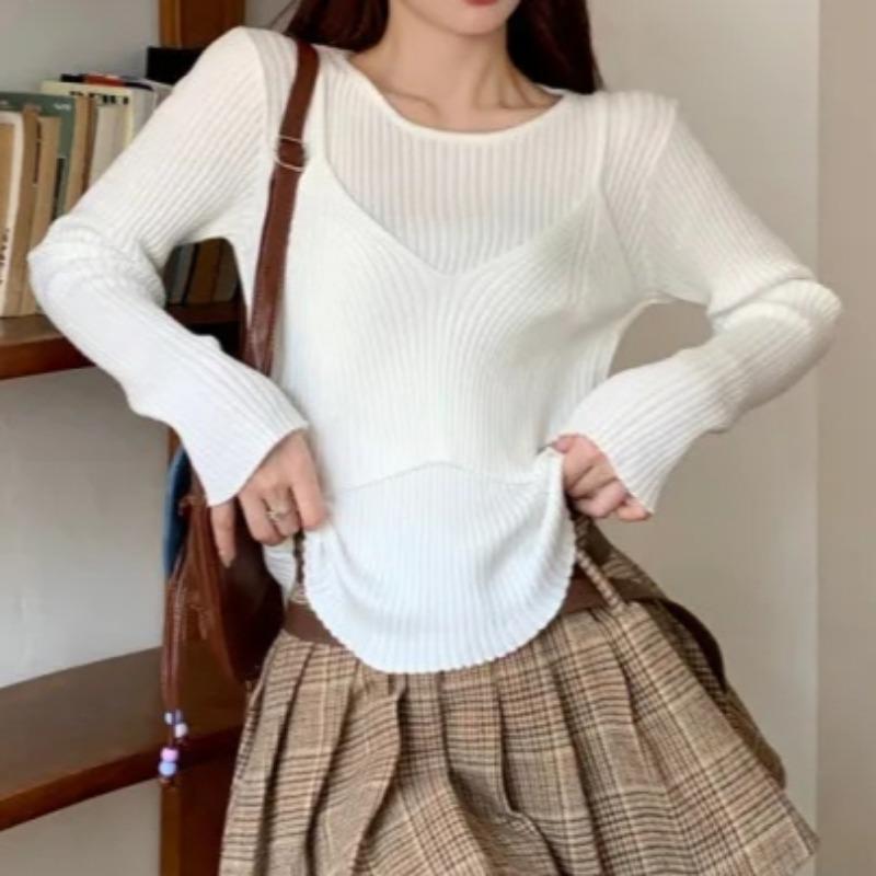 Вязаный женский свитер с длинным рукавом, однотонный, облегающий, с круглым вырезом, пуловер, осень-зима, модный, элегантный трикотаж