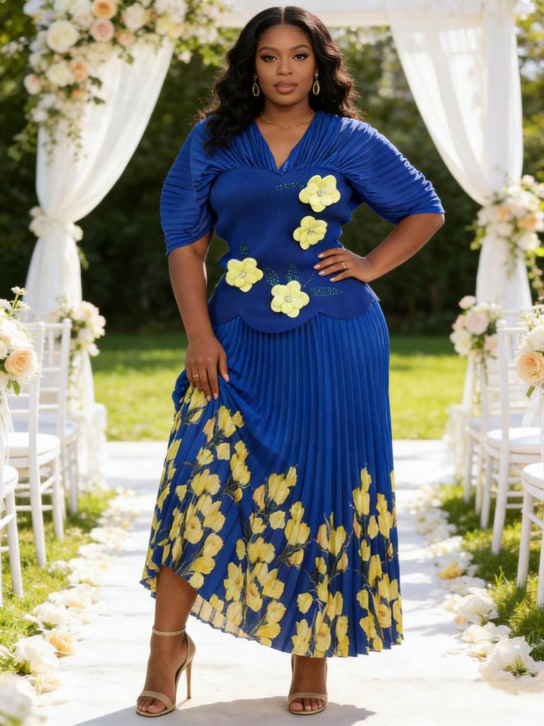 Элегантный набор Miyake Pleats Большого размера с рукавами-пузырями и цветочным дизайном со стразами