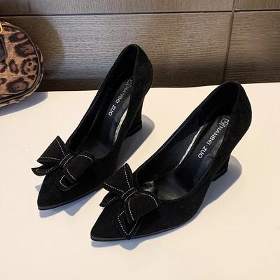 Женские туфли на танкетке, осенние новинки, с острым носком, с мелким вырезом, с бантом-бабочкой, противоскользящие, износостойкие, на высоком каблуке