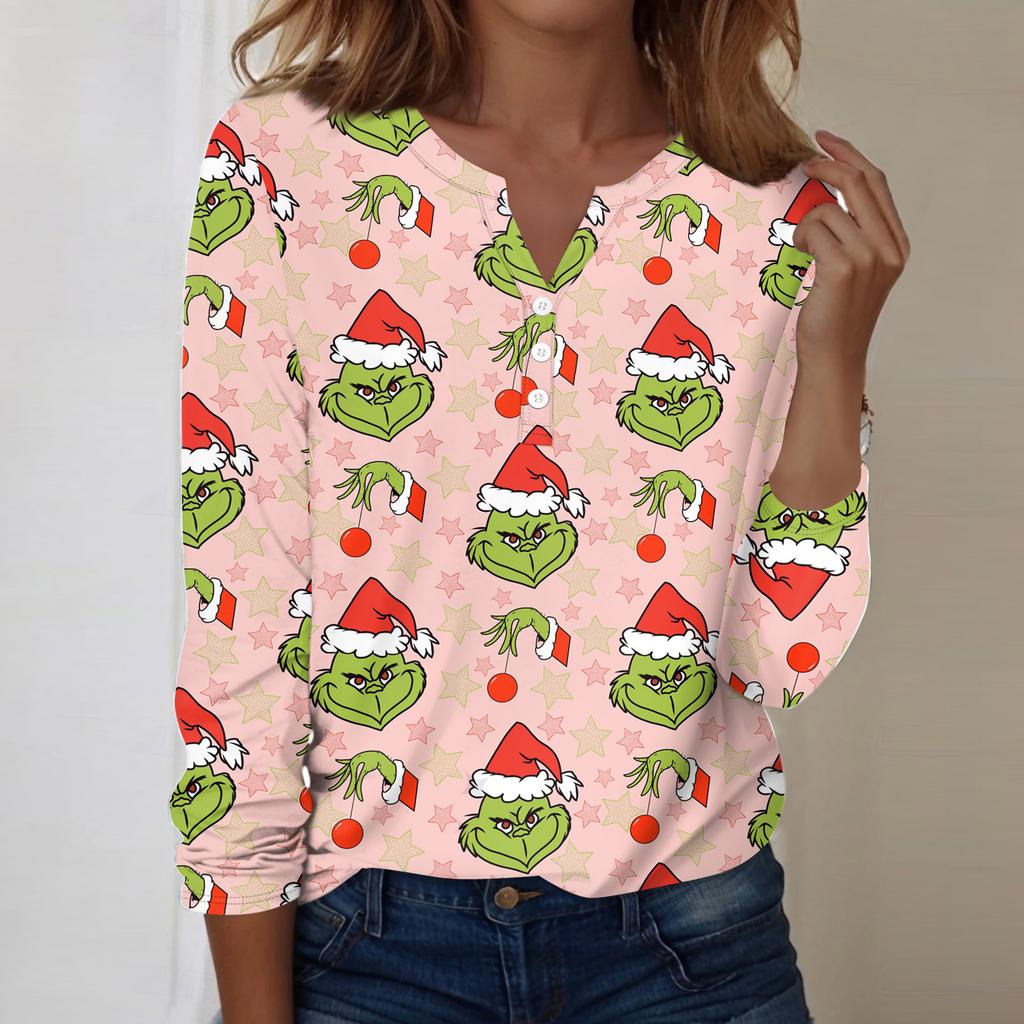Женская модная повседневная блузка с V-образным вырезом, длинным рукавом и декоративными пуговицами, с рождественским принтом